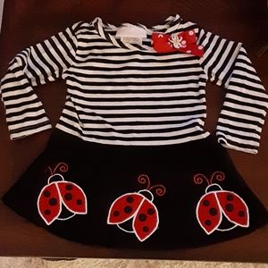 Bonnie Baby black white stripe applique lady bug corduroy stretch dress 12M EUC…